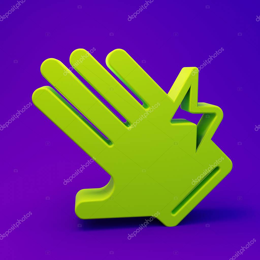 Green Electric glove icon isolated on purple-blue background. Safety gloves, hand protection. Minimalism concept. 3D render illustration.