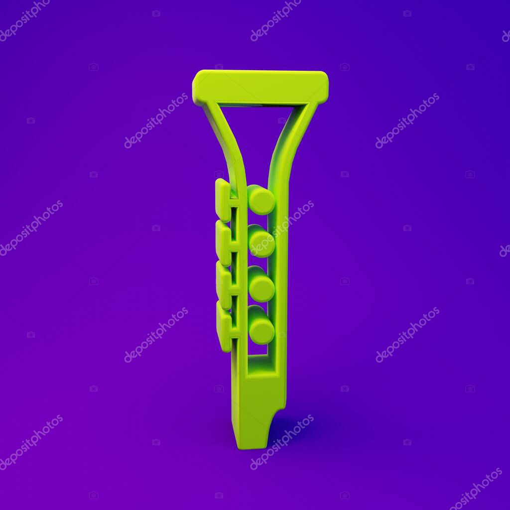 Green Clarinet icon isolated on purple-blue background. Musical instrument. Minimalism concept. 3D render illustration.
