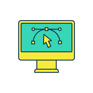 Beyaz arkaplanda izole edilmiş vektör tasarım programı simgesi ile doldurulmuş ana hatlı bilgisayar görüntüsü. Kullanıcı arayüzü ile fotoğraf düzenleme yazılımı. Vektör.