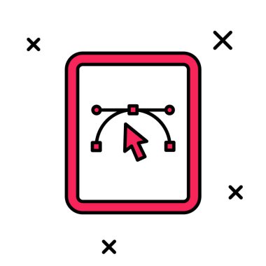 Beyaz arkaplanda izole edilmiş vektör tasarım programı simgesi ile doldurulmuş ana hatlı bilgisayar görüntüsü. Kullanıcı arayüzü ile fotoğraf düzenleme yazılımı. Vektör.