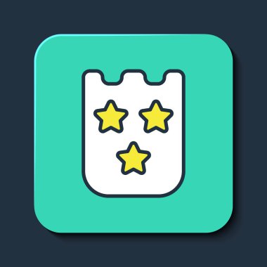 Doldurulmuş piyango bileti ikonu mavi arka planda izole edilmiş. Bingo, loto, nakit para ödülleri. Finansal başarı, refah, zafer, kazanma şansı. Turkuaz kare düğme. Vektör.