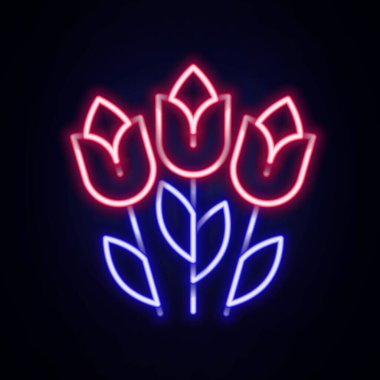 Parlayan neon hattı çiçek lalesi simgesi tuğla duvar arka planında izole edildi. 8 Mart. Uluslararası Mutlu Kadınlar Günü. Renkli taslak konsepti. Vektör.