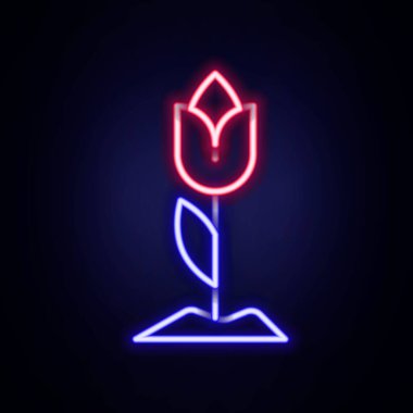 Parlayan neon hattı çiçek lalesi simgesi tuğla duvar arka planında izole edildi. Renkli taslak konsepti. Vektör.