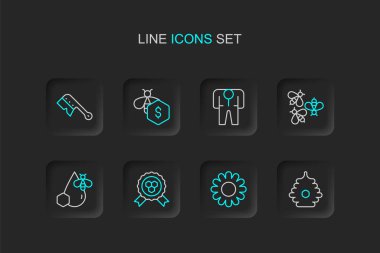 Çiçek Balı ödüllü arılar için Kovan Hattı ve bal arısı arısı kostüm satışı ve arıcılık ikonu. Vektör.