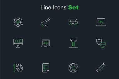Satır Cetvel Gear Panosu 'nu Paint fırça palet komedisi ve trajedi maskeleri hukuk sütunu dizüstü bilgisayarı ve çevrimiçi sınıf simgesi ile ayarla. Vektör.