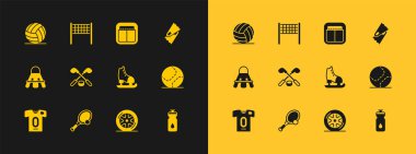 Flippers 'ı top patenli buz hokeyi sopalarıyla yüzen tenis raketi, Sport mekanik skorbord voleybol topu ve net ikonu için ayarla. Vektör.