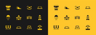 Çocuklar için İsveç Seddi Sand Castle Salıncak Sand Horse Atlı Atlıkarınca ve Kaydırak oyun alanı ikonu. Vektör.