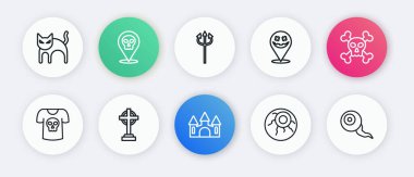 Kafatası Kalesi Kafatası 'nı, kafatası tişörtüne Mutlu Cadılar Bayramı tatili şeytanı ve Tombstone ikonu ile yerleştirin. Vektör.