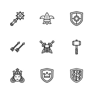 Kalkan 'ı taç çekiçli, Kurukafa kılıçlı, sivri uçlu zambak zambağı ve Ortaçağ ok ikonuyla ayarla. Vektör.