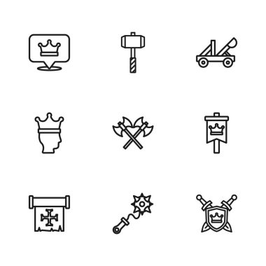 Dikenli Mace hattı ortaçağ kalkanı kılıçlarıyla çapraz ortaçağ baltaları King taçlı savaş çekici ve ikonu. Vektör.