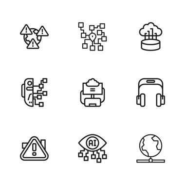 Hat Bilgisayar Görüşü Kulaklıkları Küresel Teknoloji Bulut Veritabanı Ağı Ünlem işareti Sinir Ağı ve İnsansı robot simgesi ile Dünya 'yı bulut bağlantısına ayarlayın. Vektör.