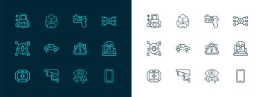 Bilgisayar görüşlü fantastik uçan araba Futuristik silah güvenliği ve Bulut veritabanı ikonunda sinirsel ağ güvenlik kamerası ünlem çizgisini ayarla. Vektör.