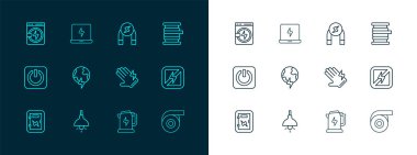 Elektrik kablosunu makara lambası, elektrikli eldiven ısıtıcısı ve yıldırım mıknatıslı mıknatıs makinesi ve dizüstü bilgisayar ikonu olan Global gezegene ayarla. Vektör.