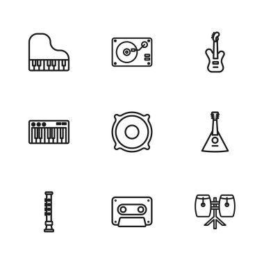 Retro ses kasedini ayarla. Balalaika Conga davul bateri hoparlörü, elektronik bas gitar, vinil disk ve müzik sentezleyici ikonu olan Grand piano vinil çalar. Vektör.