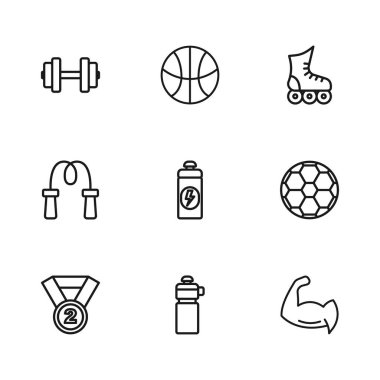 Set çizgisi fitness sallayıcısı futbol topu vücut geliştiricisi kaslarını paten kayarken Dumbbell Basketbol ve ip atlama ikonunu gösteriyor. Vektör.