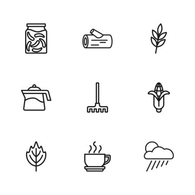 Kahve fincanı, yağmur ve güneş bahçesi tırmığı, salatalık turşusu kavanozu, ahşap kütük ve saksı ikonu. Vektör.