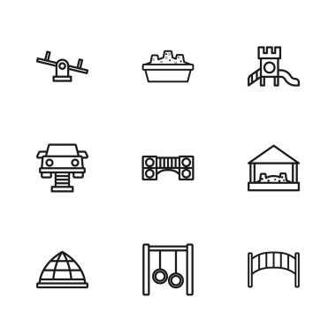 Jimnastik yüzüklerini kum havuzlu Sandbox 'a kur. Oyun parkı Tahterevallisi ve Swing araba ikonu arasında köprü kur. Vektör.