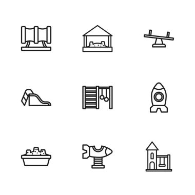 İsveç Duvarı Tahterevalli Çocuk 'un kum ve kaydırak ikonlu oyun alanı kaydırak çubuğu Sandbox' ı çocuklar için Swing uçağı roket oyuncağı ayarla. Vektör.