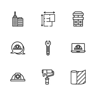 Çizgi boyası fırça fırçası güvenlik kaskı Duvar Kağıdı anahtarlı anahtarlık Chimney City peyzaj evi planı ve ikonu. Vektör.