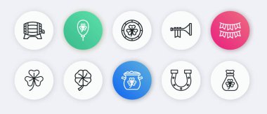 Altın para çanağı karnaval çelengi. Bayrak yapraklı çelenk. Yonca yaprağı. Trumpet altın leprikon para çantası yoncası ve dört ikon. Vektör.