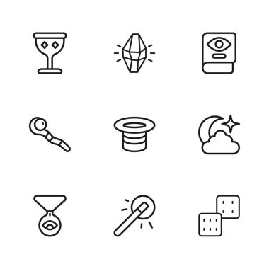 Sihirli değnek yıldız oyun zarı şapkası Antik sihirli kitap Ortaçağ Kadeh Taşı ve asa simgesi. Vektör.