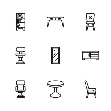 Yuvarlak masa TV standı Büyük boy aynalı kütüphane kitaplığı ofis masası ve sandalye ikonu. Vektör.