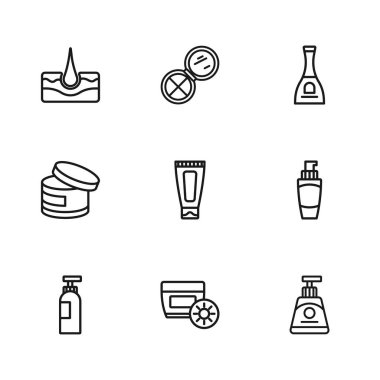 Güneş kremini el kremi tüpüne ya da losyon kozmetik şişe tırnak cilasına, insan saç kökü folikülünü ayna ve ikon ile parlat. Vektör.