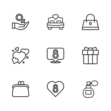 Kalbi 8 Mart Hediye Kutusu ve kalp Parfüm Çantası Kadın Cinsiyet Sembolü Yatak Odası ve ikonu ile ayarla. Vektör.