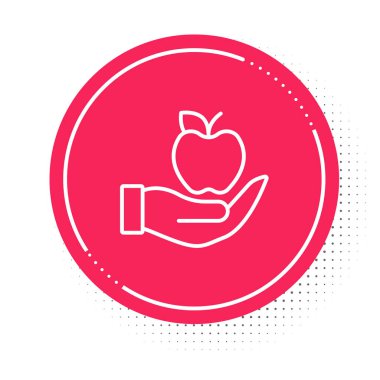 Beyaz çizgi Apple simgesi beyaz arkaplanda izole edildi. Fazla kilolu. Sağlıklı diyet menüsü. Fitness diyeti elması. Kırmızı daire düğmesi. Vektör.