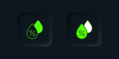 Yeşil Su bırakma yüzdesi simgesi siyah arkaplanda izole edildi. Nem analizi. Siyah kare düğme. Vektör.