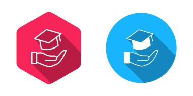 Eğitim bursu ikonu doldurulmuş ve ana hatları çizilmiş uzun gölgeli bir arka plan. Okul ücreti, finansal eğitim, bütçe fonu, burs programı, mezuniyet şapkası. Vektör.