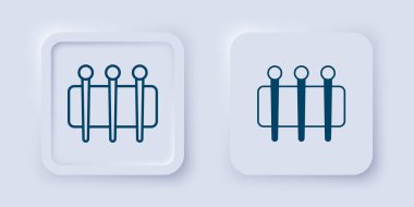 Gri arkaplanda izole edilmiş ikon dikmek için İğne doldurulmuş ve ana hatları çizilmiş. Terzi sembolü. Tekstil el sanatları tabelasını diker. Nakış aletleri. Kare düğmesi. Vektör.