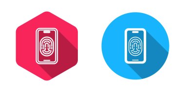 Uzun gölge arkaplan izole edilmiş parmak izi tarayıcı ikonu ile akıllı telefon dolduruldu ve ana hatları çizildi. Güvenlik kavramı, cep telefonundan kişisel erişim. Vektör.