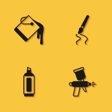 Boya kovası sprey tabancasını kalem ve fırça simgesini uzun gölgeli olarak ayarla. Vektör.