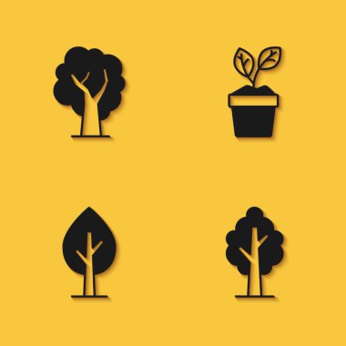 Ağaç ve Bitkiyi uzun gölgeli çömlek ikonuna koy. Vektör.