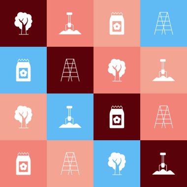 Tohumlar ve tahta merdiven ikonu dolu kürek paketini hazırla. Vektör.