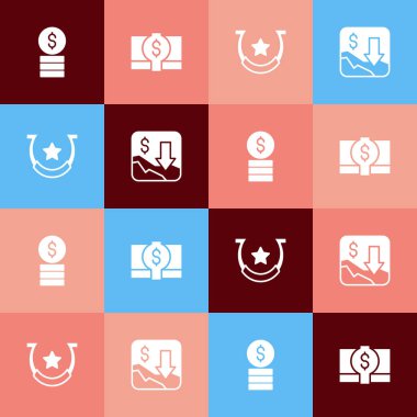 Pop Art Casino çipini dolar destesiyle, kağıt para at nalı ve finansal büyüme ikonu ile ayarla. Vektör.