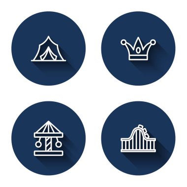 Sirk çadırı soytarı şapkası, çan atlıkarınca ve uzun gölgeli lunapark treni. Mavi daire düğmesi. Vektör.