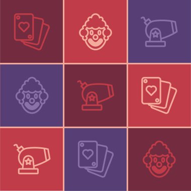 Çizgiyi belirle. Top ve palyaço başlıklı iskambil oyna. Vektör.