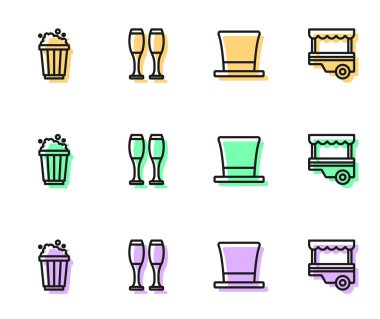 Silindir şapkalı Patlamış Mısır karton kutu, bowling iğnesi ve Fast Street yemek arabası ikonu. Vektör.