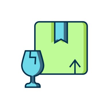 Beyaz arkaplanda izole edilmiş kırık cam ikonun kırılgan içerik sembolüyle dolu ana hatlı teslimat kutusu. Kutu, paket, paket işareti. Düz çizgili, gölgeli. Vektör.