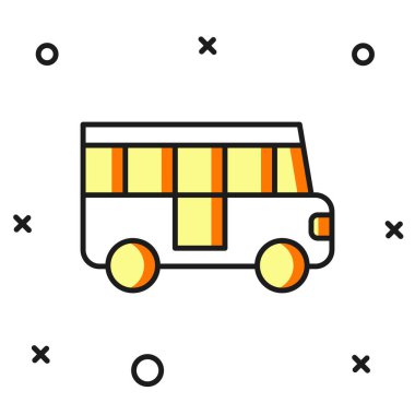 Doldurulmuş okul servisi simgesi beyaz arkaplanda izole edildi. Toplu taşıma sembolü. Düz çizgili, gölgeli. Vektör.