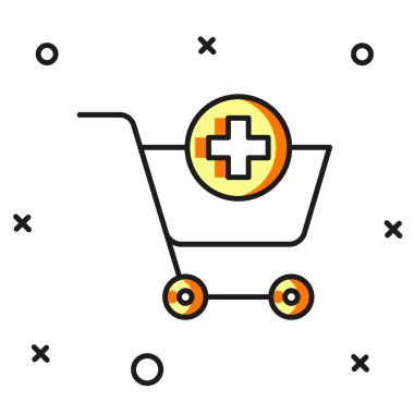 Doldurulmuş taslak Alışveriş Arabası simgesi beyaz arkaplanda izole edildi. İnternetten satın alma konsepti. Servis tabelası. Süpermarket sepeti sembolü. Düz çizgili, gölgeli. Vektör.