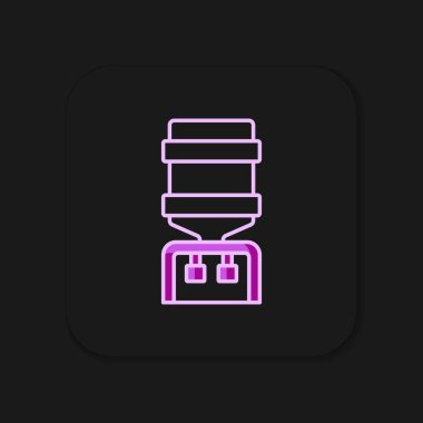 Ofis için ana hatlı su soğutucusu ve siyah arka planda izole edilmiş ev simgesi. Su dağıtıcısı. Şişe ofisi, plastik ve sıvı. Düz çizgili, gölgeli. Vektör.