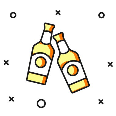 Doldurulmuş bira şişesi simgesi beyaz arka planda izole edilmiş. Düz çizgili, gölgeli. Vektör.