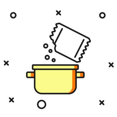 Ana hatları doldurulmuş tencere ve baharat ikonu beyaz arkaplanda izole edilmiş. Haşlama ya da güveç besin sembolü. Düz çizgili, gölgeli. Vektör.