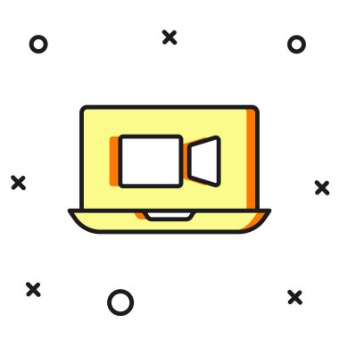 Beyaz arkaplanda izole edilmiş ana hatlı görüntülü sohbet ikonu. Çevrimiçi iş görüşmesi formu. Uzak proje yönetimi. Düz çizgili, gölgeli. Vektör.