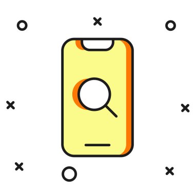 Beyaz arka planda izole edilmiş ana hatlı büyüteç ve mobil simge. Arama, odaklanma, yakınlaştırma, iş sembolü. Düz çizgili, gölgeli. Vektör.