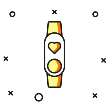 Doldurulmuş akıllı saat beyaz arkaplanda kalp atış hızı simgesini gösteriyor. Fitness uygulaması konsepti. Düz çizgili, gölgeli. Vektör.