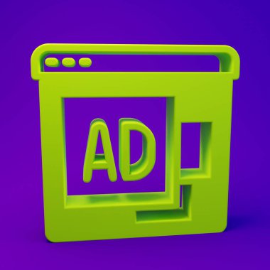 Mor-mavi arkaplanda yeşil reklam simgesi izole edildi. Pazarlama ve tanıtım süreci kavramı. İlgili reklamlar. Sosyal medya reklamcılığı. Minimalizm kavramı. 3 Boyutlu resimleme.